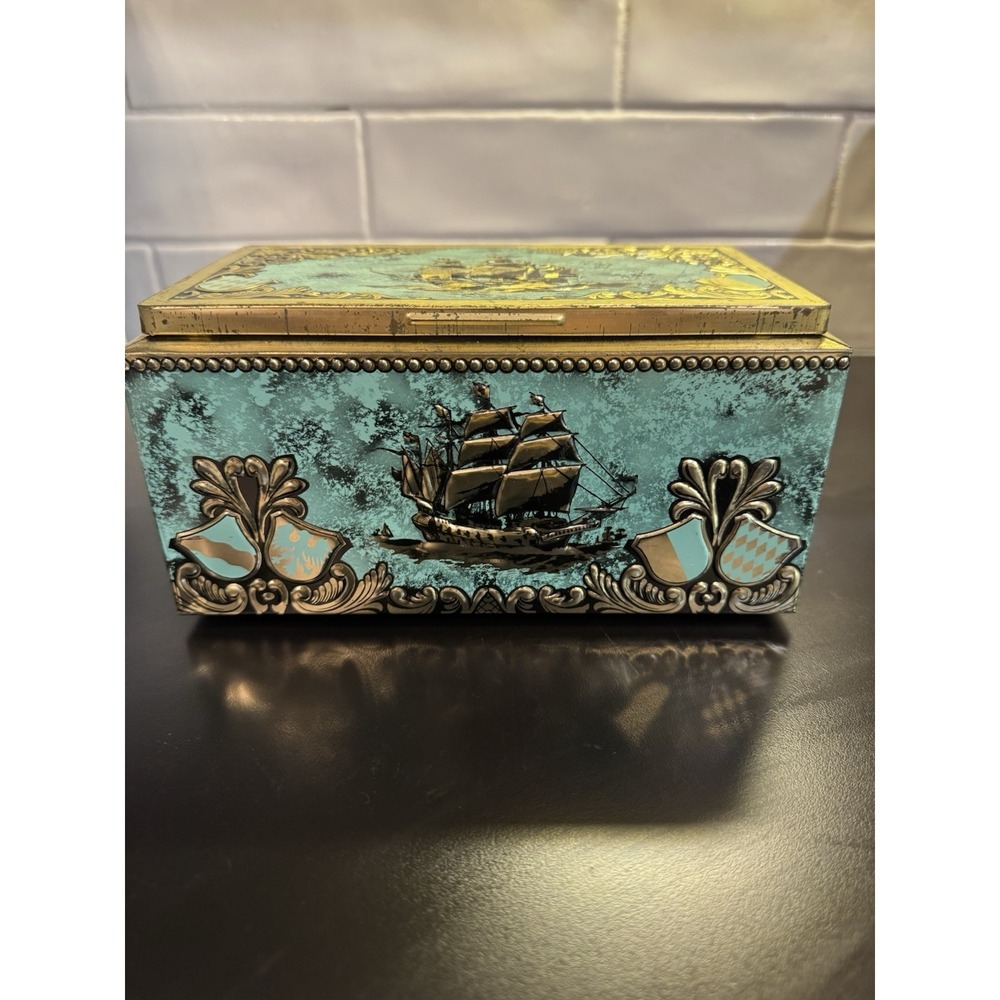 Western Germany Vintage Metal Nautical Decorative Hinged Lid Box Turquoise Gold